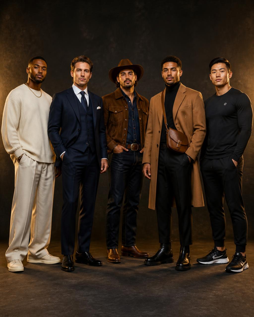 Five stylish men of different ethnicities in streetwear, a suit, western style, a camel overcoat with crossbody bag, and gym wear