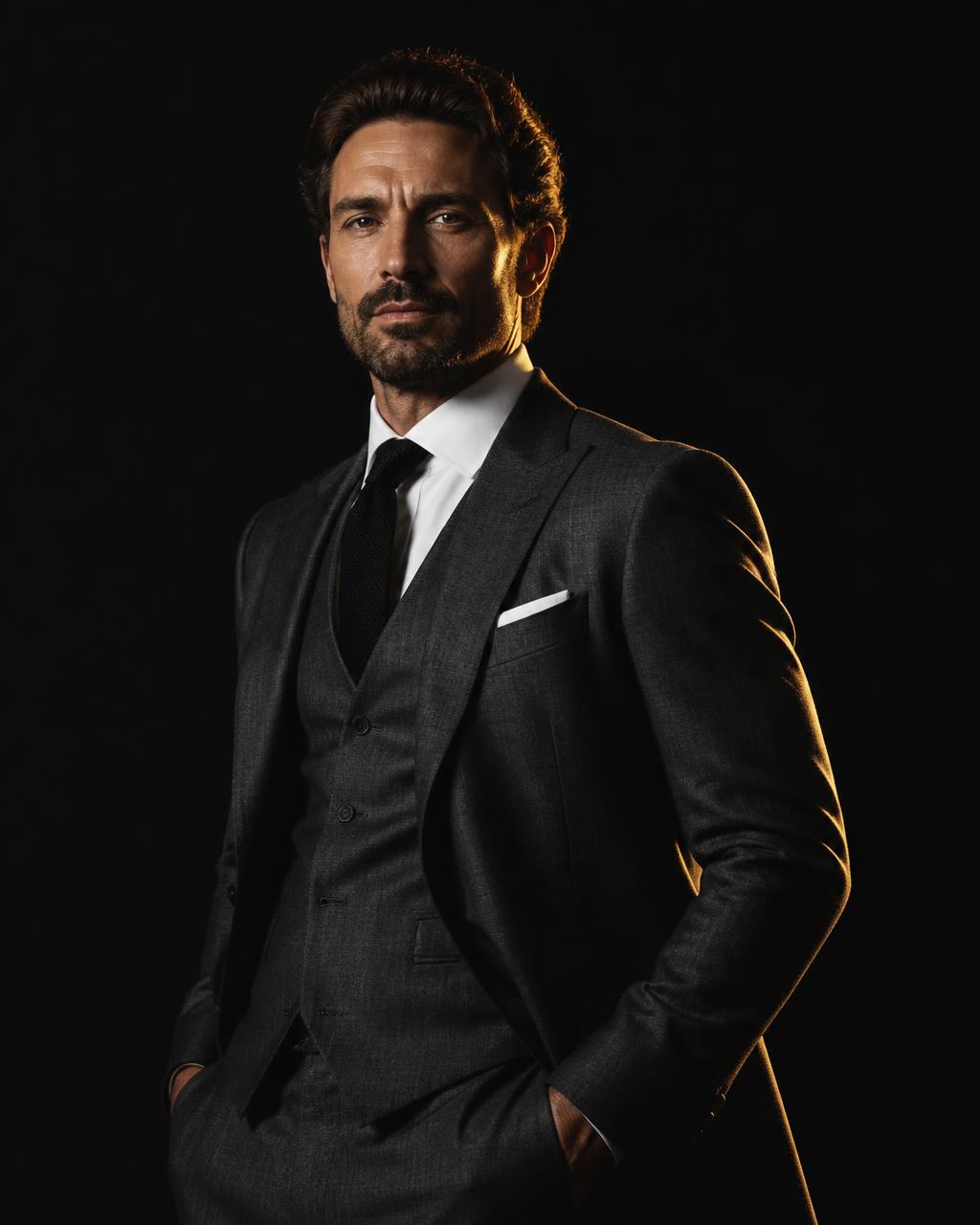 Man in a tailored charcoal suit under gold rim light